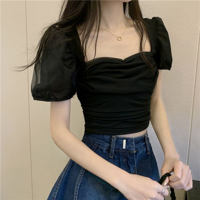 Crop Ruched Plain Fit Top Puff-Sleeve Slim