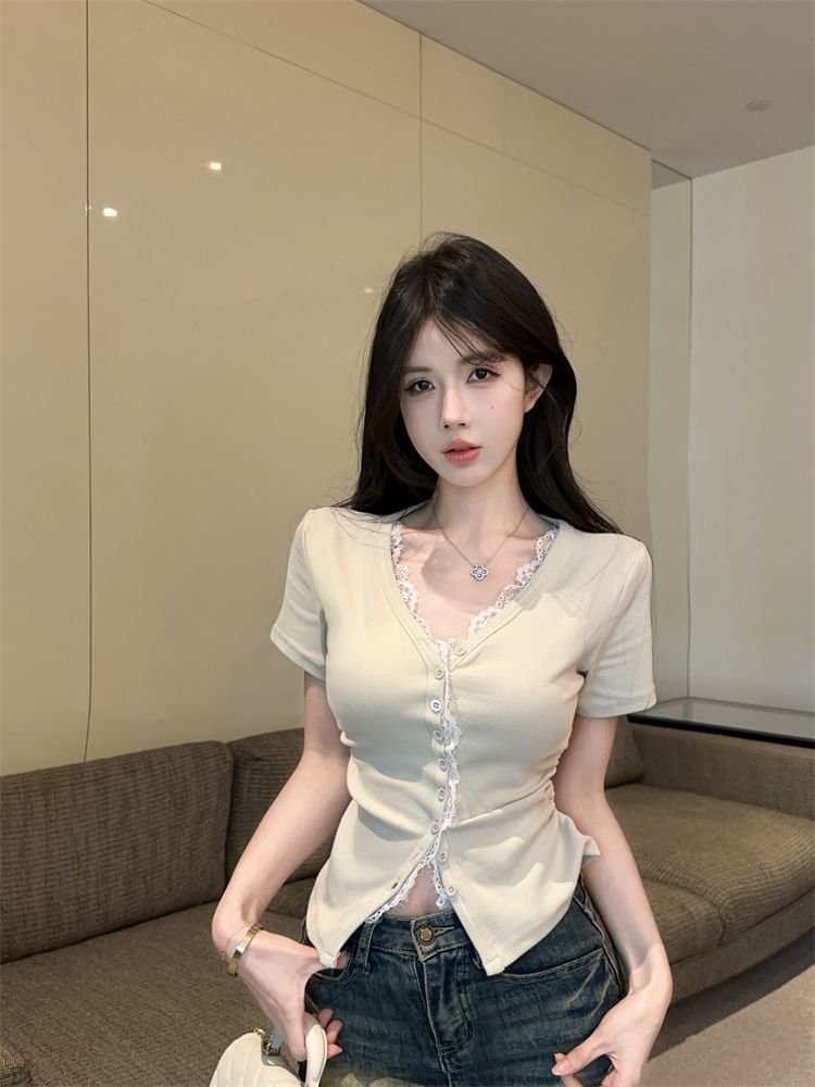 Lace Fit Slim V-Neck Button Short-Sleeve Trim Tee Plain