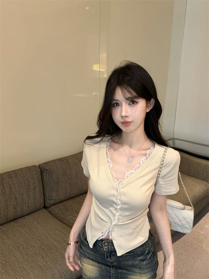 Short-Sleeve Plain Slim Tee Button V-Neck Fit Trim Lace