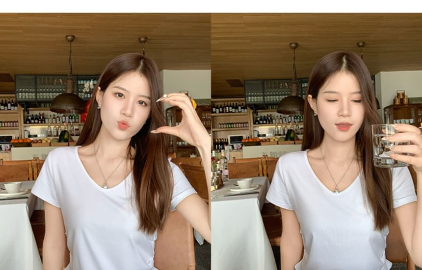 Ruched Plain T-Shirt Short-Sleeve V-Neck