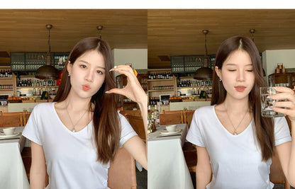 Ruched Plain T-Shirt Short-Sleeve V-Neck