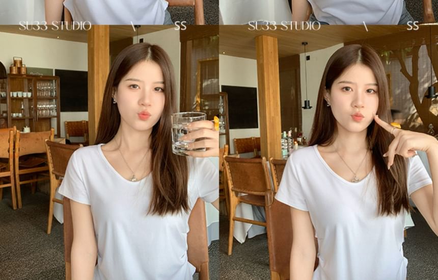 Ruched Plain T-Shirt Short-Sleeve V-Neck