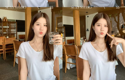 Ruched Plain T-Shirt Short-Sleeve V-Neck