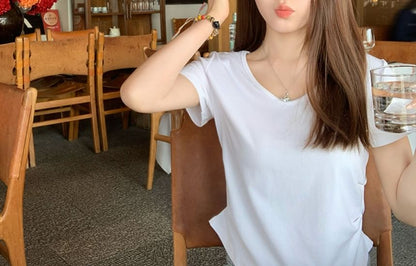 Ruched Plain T-Shirt Short-Sleeve V-Neck