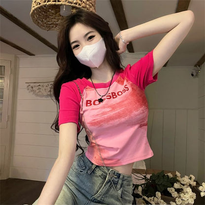 T-Shirt Neck Crop Lettering Raglan Fit Short-Sleeve Slim Round