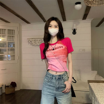 T-Shirt Neck Crop Lettering Raglan Fit Short-Sleeve Slim Round