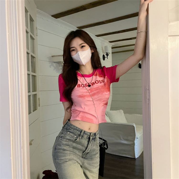 T-Shirt Neck Crop Lettering Raglan Fit Short-Sleeve Slim Round