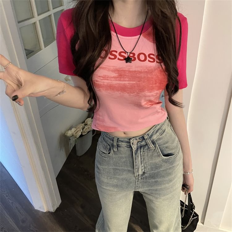 T-Shirt Neck Crop Lettering Raglan Fit Short-Sleeve Slim Round