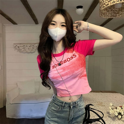 T-Shirt Neck Crop Lettering Raglan Fit Short-Sleeve Slim Round