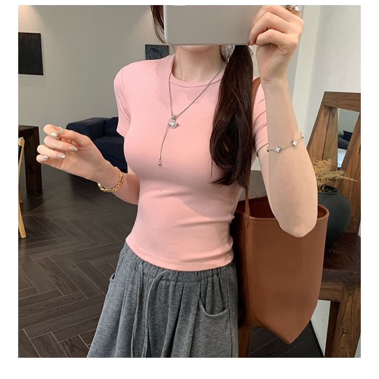 Fit Round Neck Slim Plain Tee Short-Sleeve