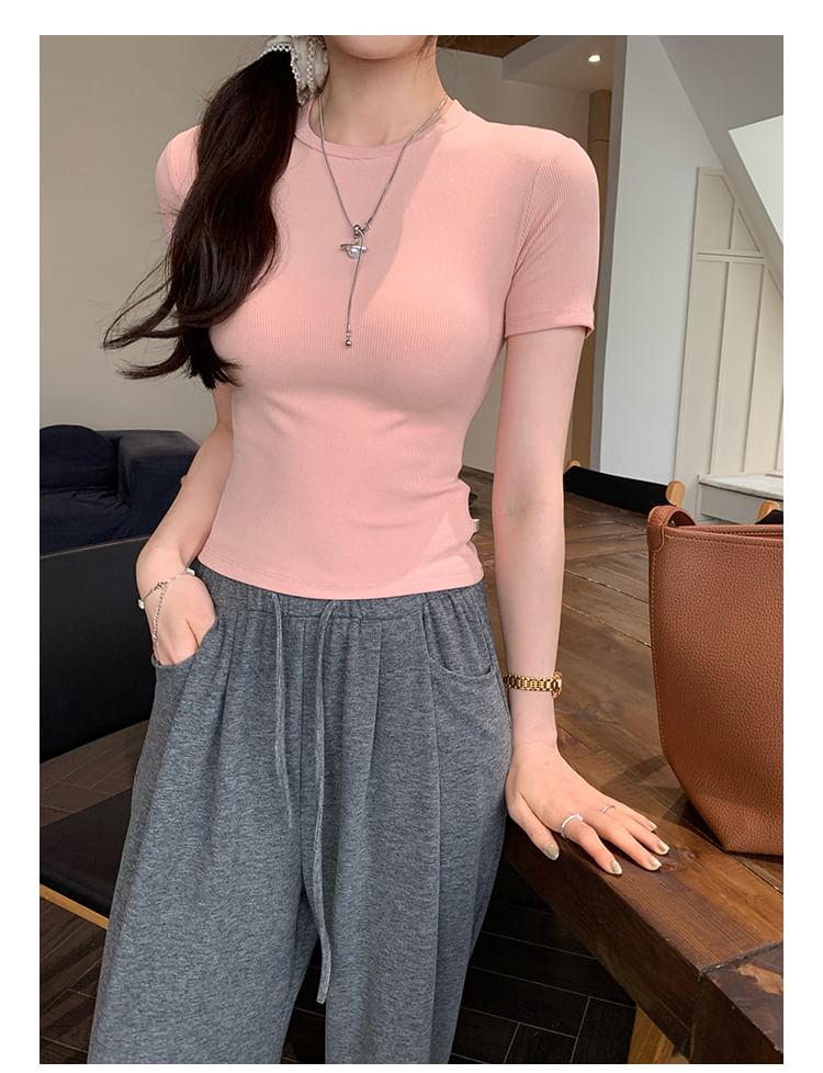 Fit Round Neck Slim Plain Tee Short-Sleeve