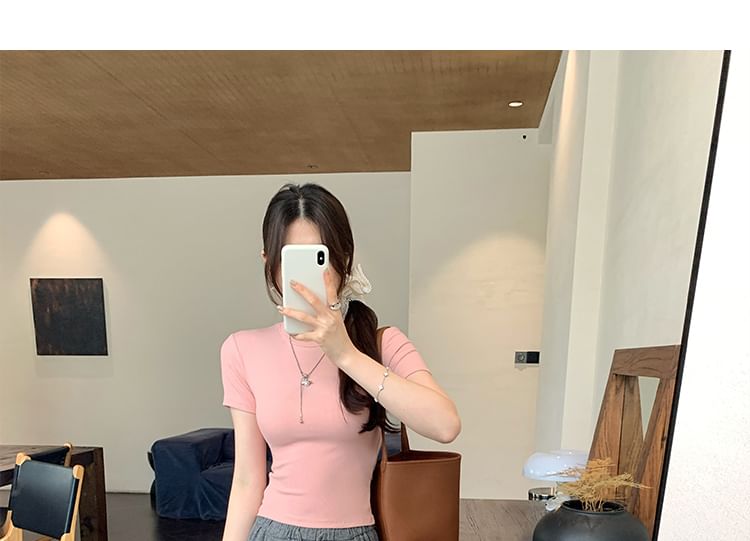 Fit Round Neck Slim Plain Tee Short-Sleeve