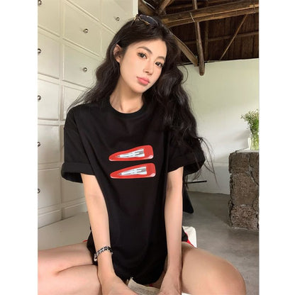 T-Shirt Oversized Neck Print Short-Sleeve Round