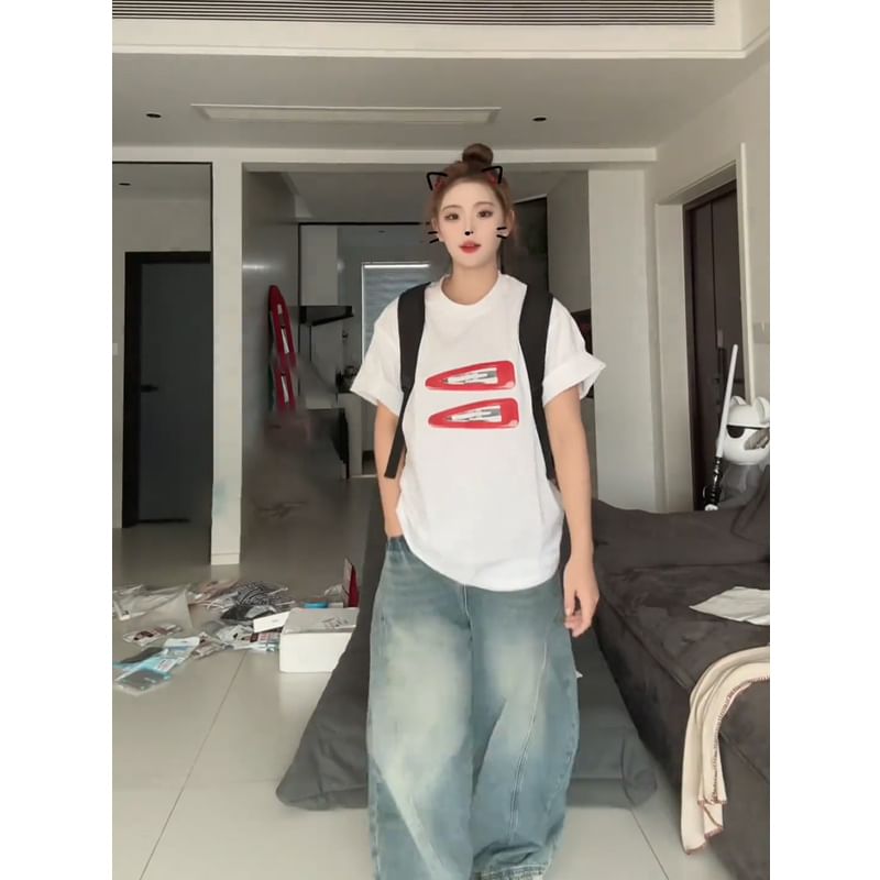 T-Shirt Oversized Neck Print Short-Sleeve Round