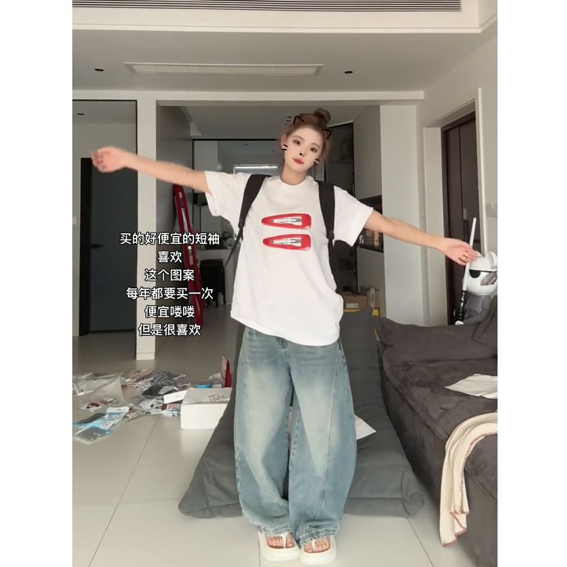 T-Shirt Oversized Neck Print Short-Sleeve Round