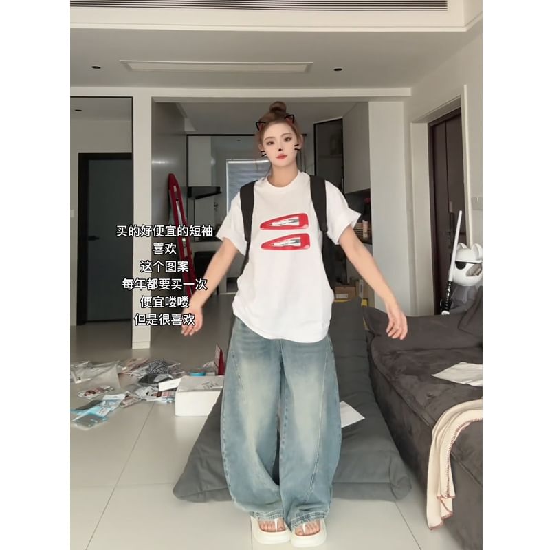 T-Shirt Oversized Neck Print Short-Sleeve Round