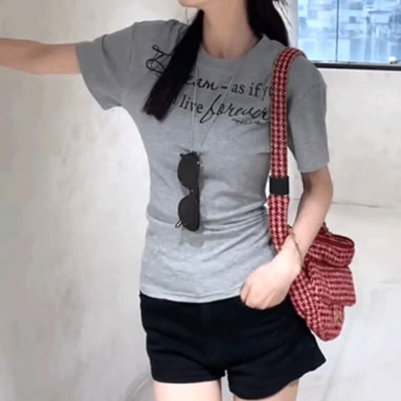 T-Shirt Short-Sleeve Fit Slim Lettering Neck Crew