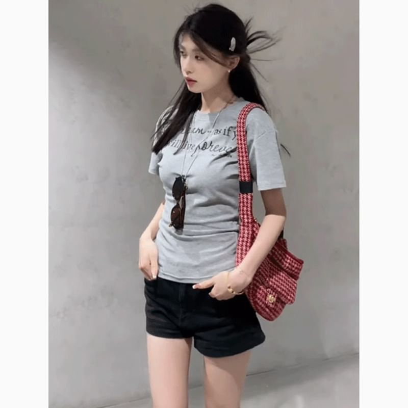 T-Shirt Short-Sleeve Fit Slim Lettering Neck Crew