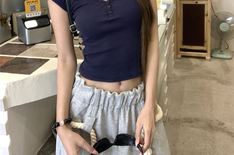 Plain Henley Slim Short-Sleeve Crop Fit T-Shirt