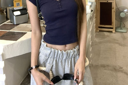 Plain Henley Slim Short-Sleeve Crop Fit T-Shirt