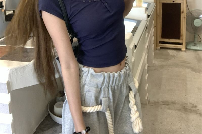 Plain Henley Slim Short-Sleeve Crop Fit T-Shirt