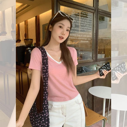 Trim Tee Mock Contrast Short-Sleeve Two-Piece V-Neck