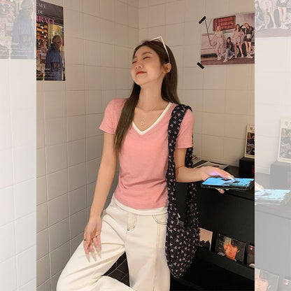 Trim Tee Mock Contrast Short-Sleeve Two-Piece V-Neck