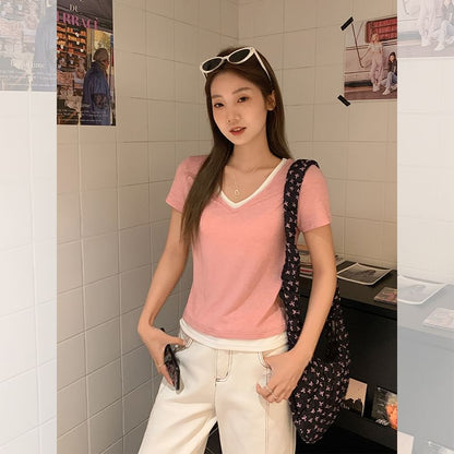 Trim Tee Mock Contrast Short-Sleeve Two-Piece V-Neck