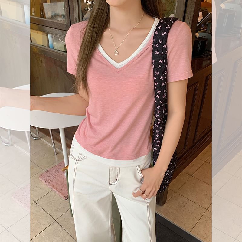 Trim Tee Mock Contrast Short-Sleeve Two-Piece V-Neck