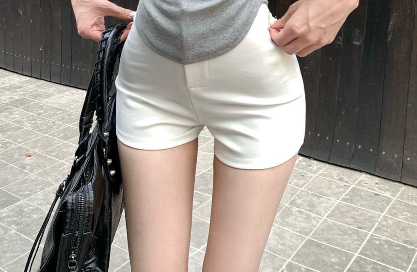 Trim Mock Fit Lace Short-Sleeve Slim Two-Piece Plain High Tee V-Neck / Waist Shorts