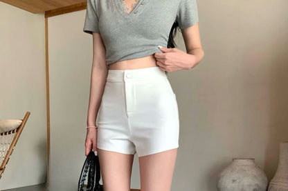 Trim Mock Fit Lace Short-Sleeve Slim Two-Piece Plain High Tee V-Neck / Waist Shorts