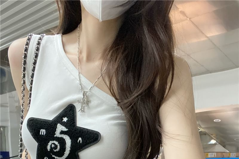 Fit Star Tank Top Applique Slim One-Shoulder