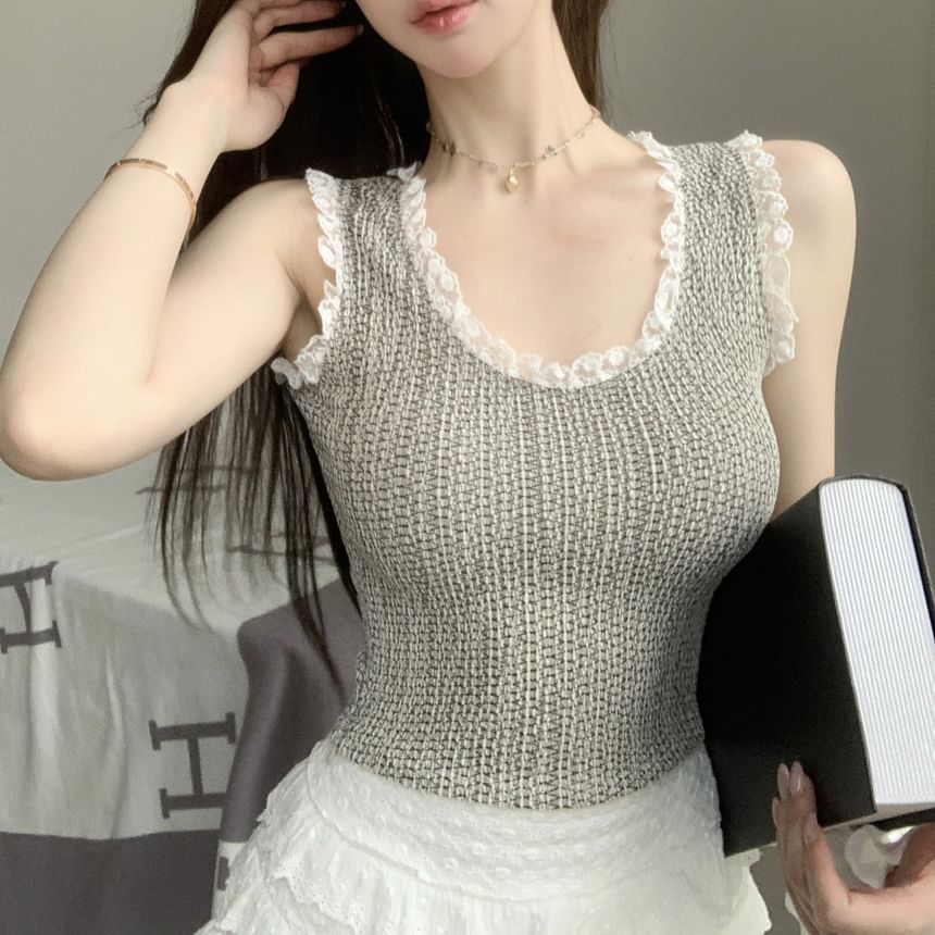 Neck Tank Crop Slim Top Trim Fit Scoop Lace