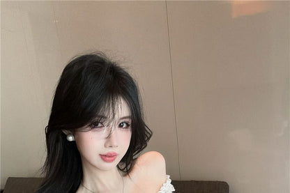 Ruffle Fit Lace-Up Asymmetrical Camisole Lace Top Trim Slim