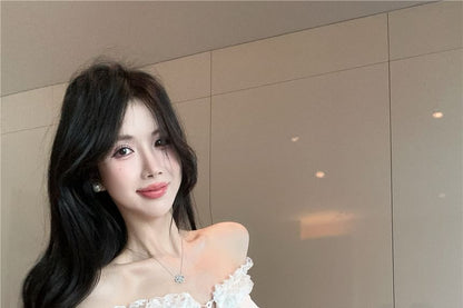 Ruffle Fit Lace-Up Asymmetrical Camisole Lace Top Trim Slim