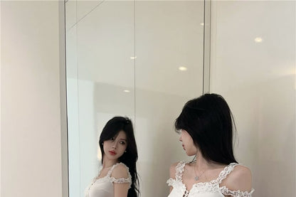 Ruffle Fit Lace-Up Asymmetrical Camisole Lace Top Trim Slim