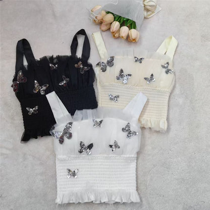Fit Top Slim Crop Sequin Panel Butterfly Tank Padded Mesh