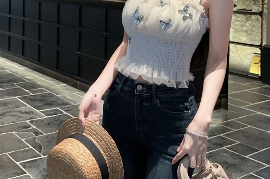 Fit Top Slim Crop Sequin Panel Butterfly Tank Padded Mesh