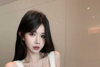 Tank Lettering Trim Lace Fit Top Neck Crop Slim Square