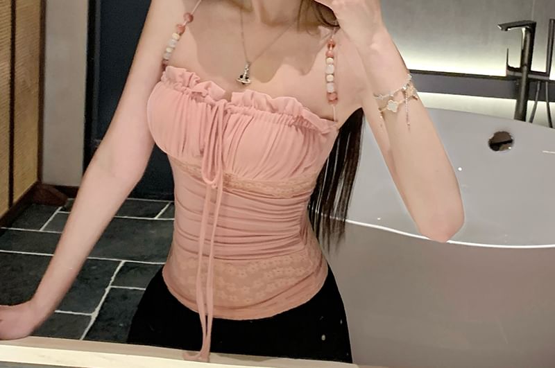 Panel Bow Beaded Fit Halter Slim Top Camisole Lace