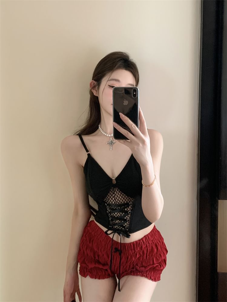 Crop Lace-Up Plain Mesh Top Fit Camisole Slim Panel