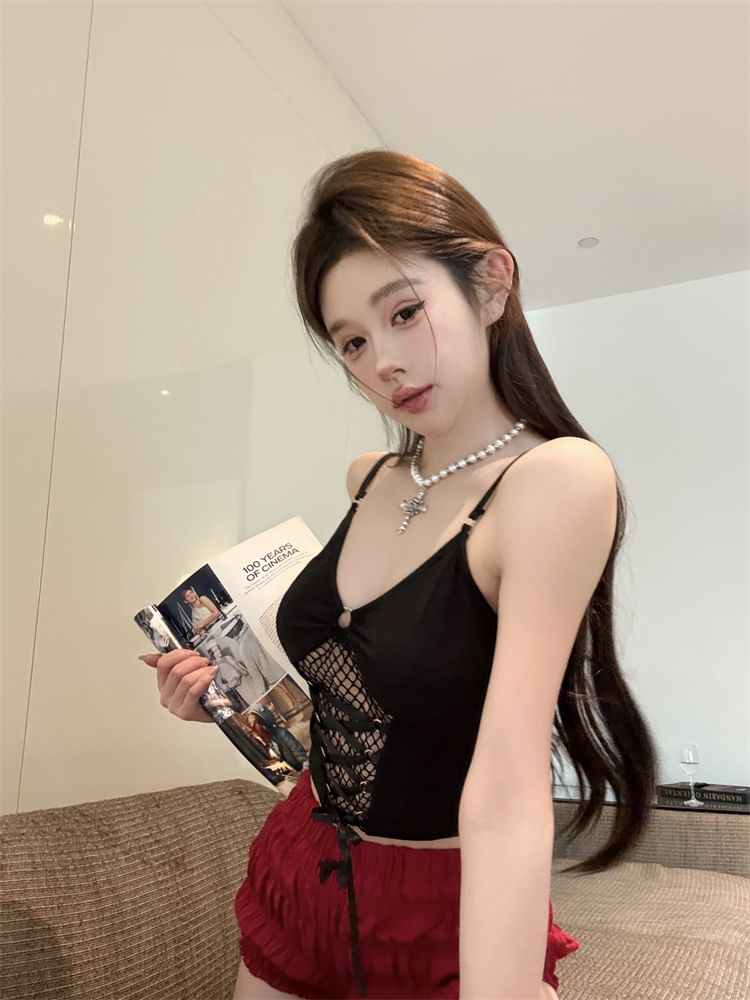 Crop Lace-Up Plain Mesh Top Fit Camisole Slim Panel
