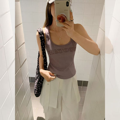 Neck Slim Fit Tank Scoop Lettering Top