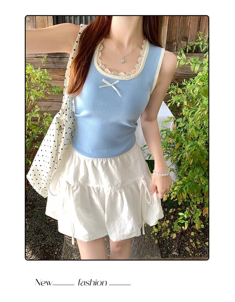 Bow Neck Top Square Slim Fit Trim Tank Lace