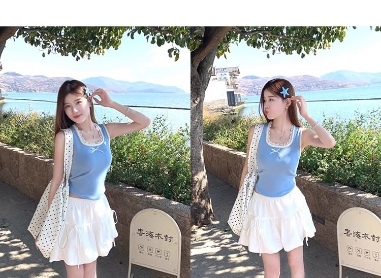 Bow Neck Top Square Slim Fit Trim Tank Lace