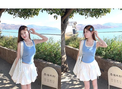 Bow Neck Top Square Slim Fit Trim Tank Lace