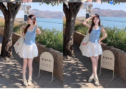 Bow Neck Top Square Slim Fit Trim Tank Lace