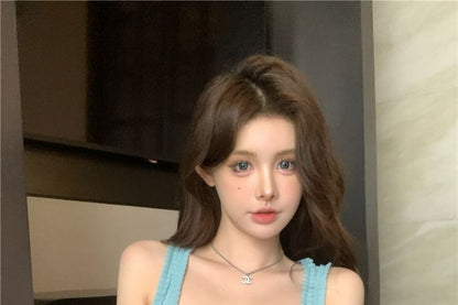 Rhinestone Tank Neck Square Trim Fit Slim Frill Top