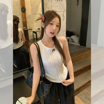 Crew Tank Fit Lace Top Neck Slim Bow Panel