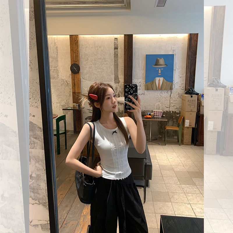 Crew Tank Fit Lace Top Neck Slim Bow Panel